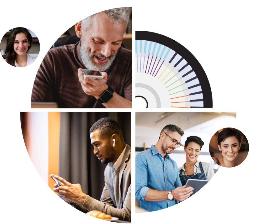 Small business owners using OLY.AI on mobile and desktop