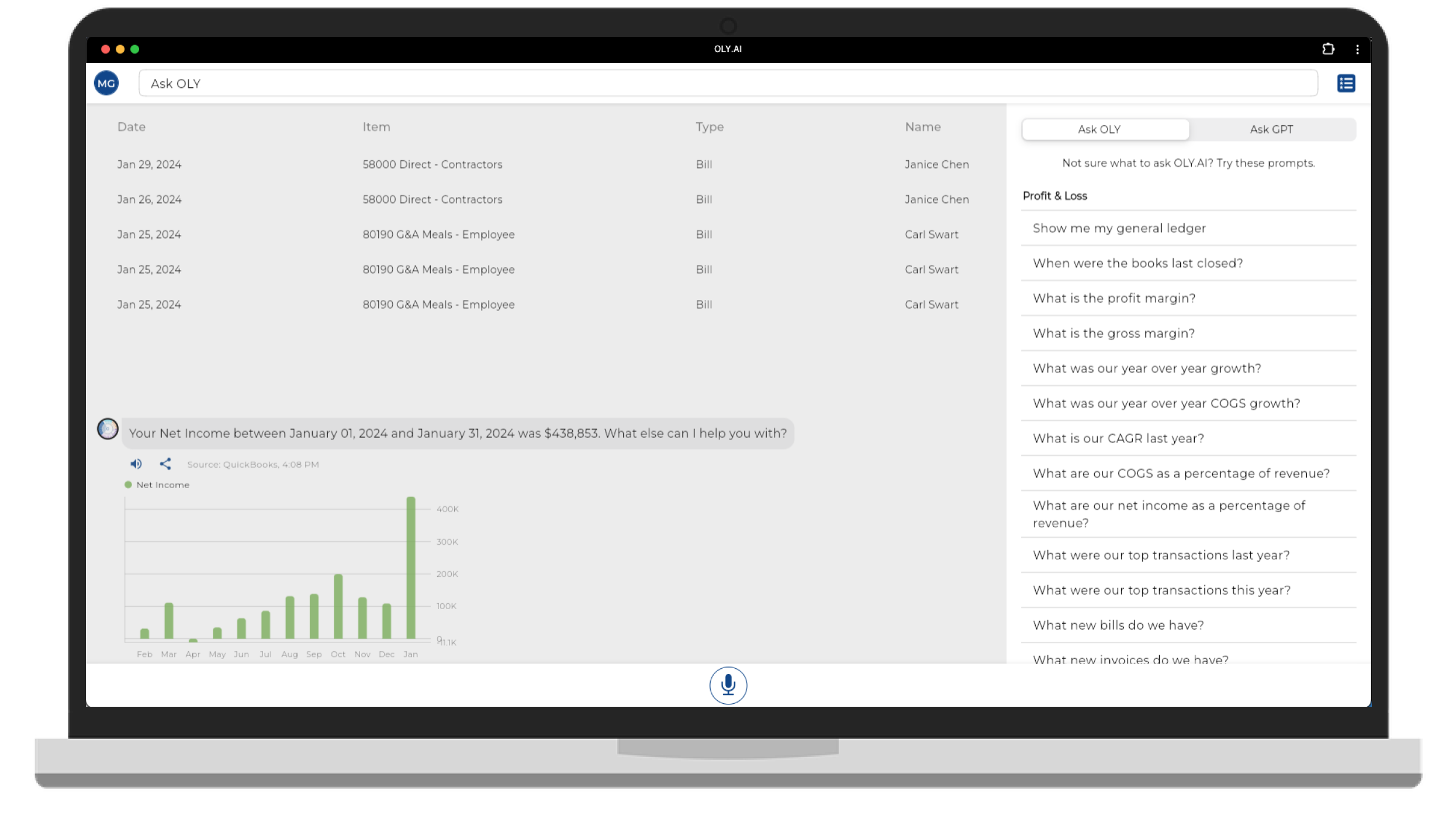 The OLY.AI app showing an AI-generated net income analysis from QuickBooks data