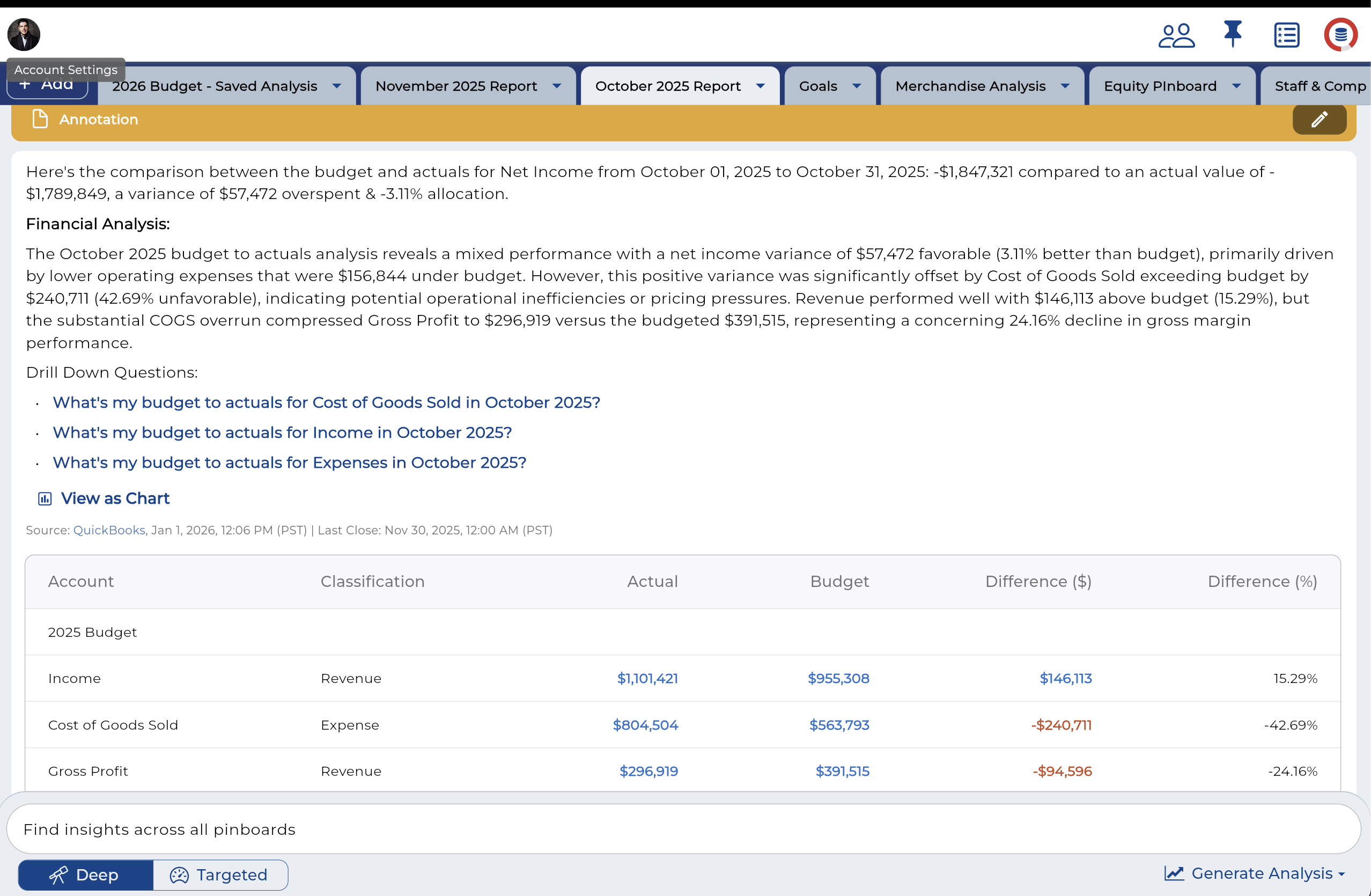 OLY.AI dashboard showing an AI-written budget-to-actuals variance analysis with suggested drill-down questions and a data table