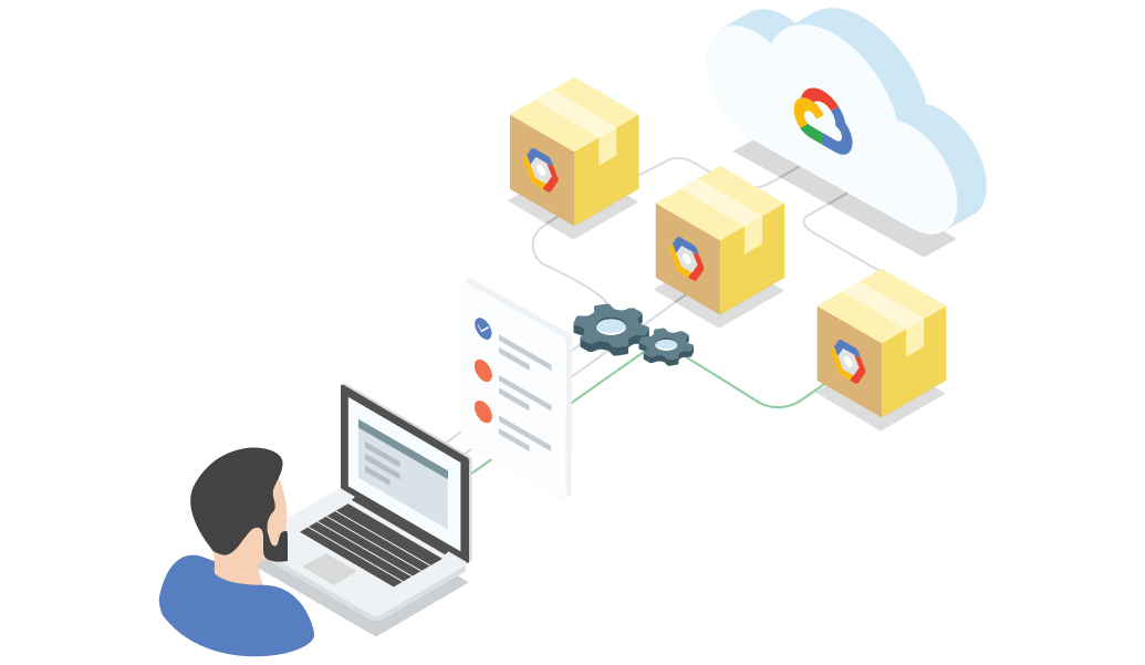 Isometric illustration of encrypted workloads flowing from a laptop to secure cloud storage